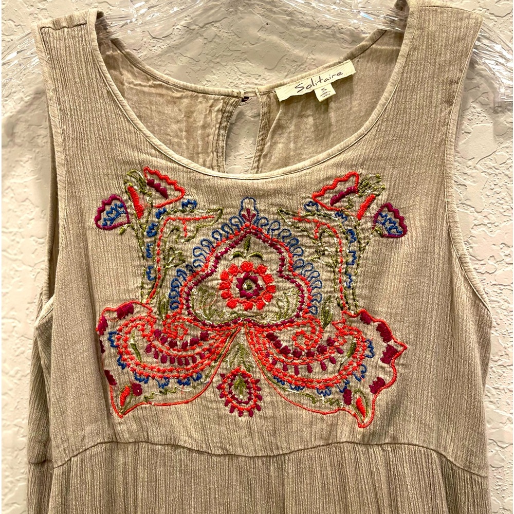 Solitaire Woman’s Embroidered Grey Maxi Tiered Dress Size: S Preloved Boho Style